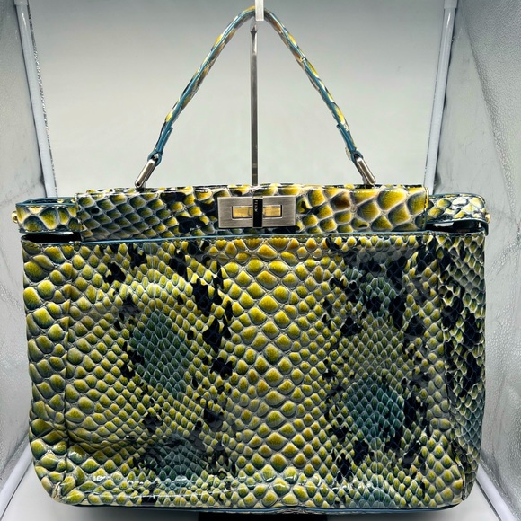 Fendi Handbags - FENDI Peekaboo Iconic Watercolor Textured Snakeskin Embossed Leather Satchel Bag